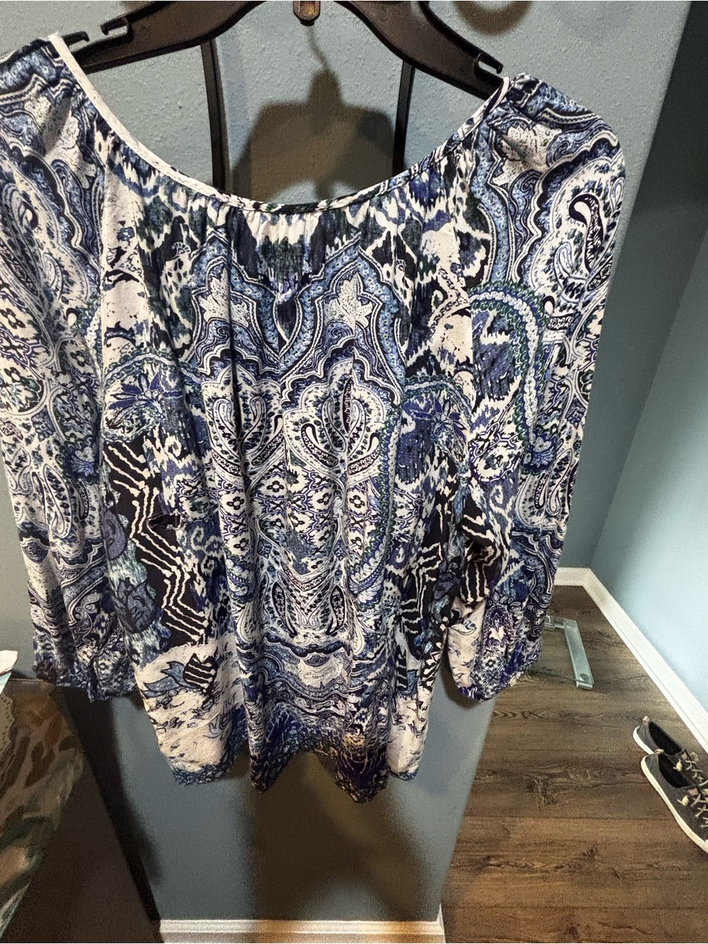 grand & greene Blue and White Paisley Off-Shoulder Blouse